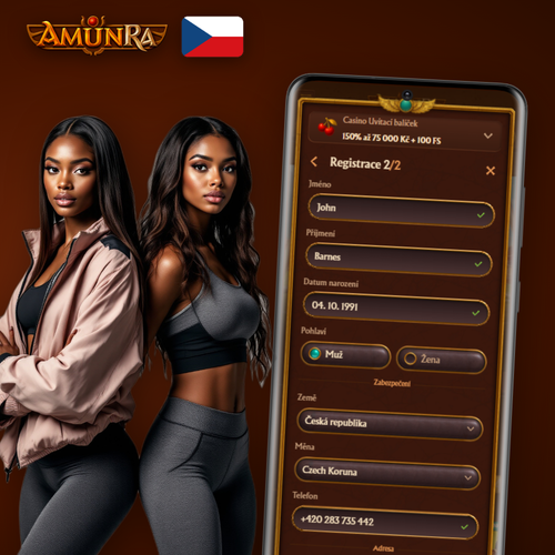 AmunRa Casino registrace – přihlašovací formulář na mobilu se zlatými egyptskými motivy