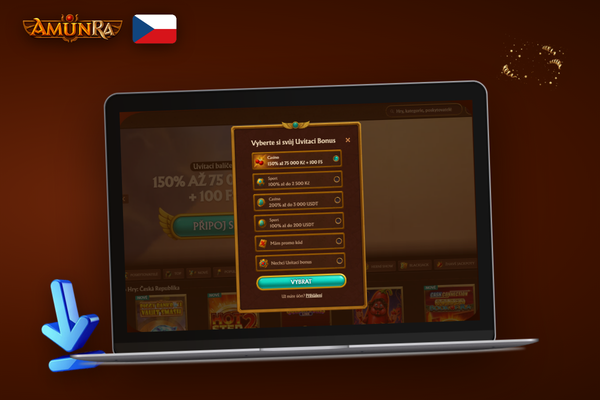Hráč kliká na sociální přihlášení v AmunRa Casino na notebooku se zlatou obrazovkou