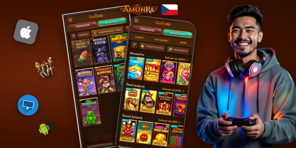 Přehled obrazovek AmunRa Casino online app — lobby, detail hry a sportovní sázky